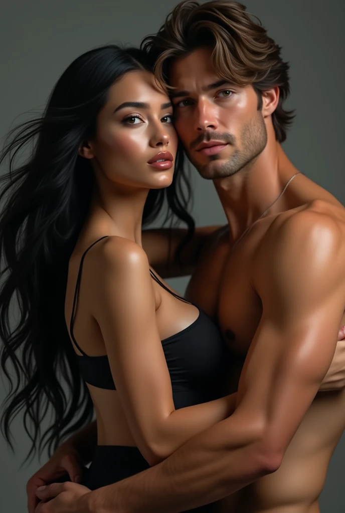 A beautiful Instagram model, long black hair, wearing a beautiful outfit , full body view, ((big boobs)), (hourglass figure), (white girl), detailed face, beautiful eyes, luscious lips, cinematic lighting, photorealistic, highres, 8k, (best quality:1.2), (realistic:1.37) , full body view , with her friend,Handsome 3 caucasian man with desireable features, medium length light brown hair, trimmed sides, clean shave face, BREAK, intriguing green eyes, tall and fit, (athletic:1.2) physique, seductive smile with confident expression , sexy , hugging rom behind, love