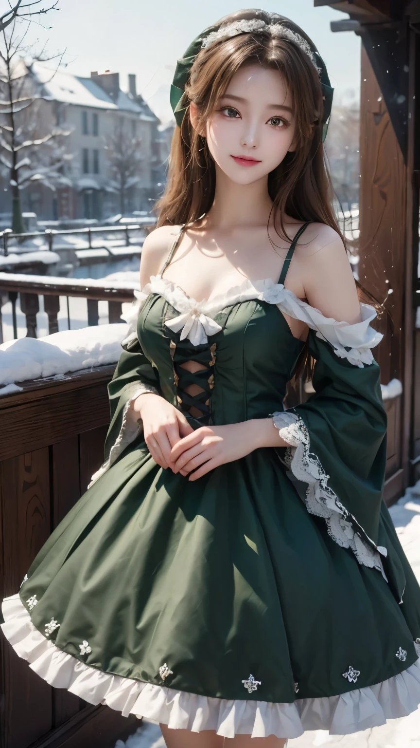 8k, best quality, masterpiece, realistic photo, Hide your face with happiness, Dark green ****ta outfit, race, Aerith Gainsborough, whole body, underwear, exposed shoulders, out, out, It is covered with snow, Cloak, high quality, Adobe Lightroom, High detail skin, looking at viewer,