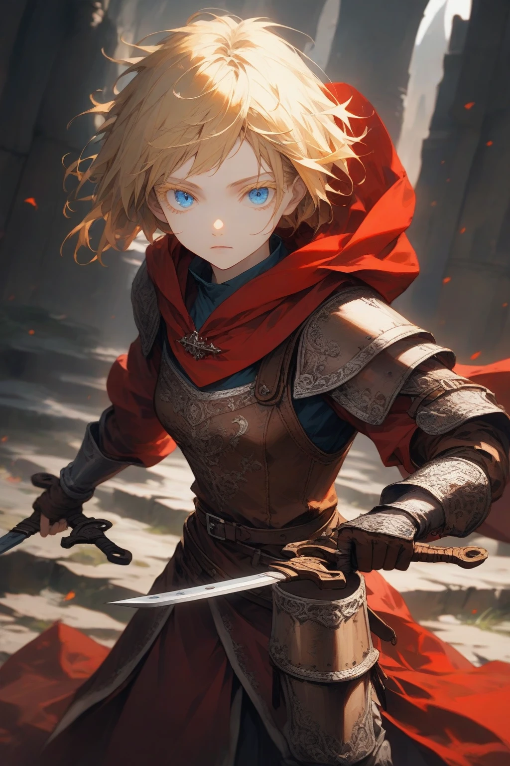 masterpiece, best quality, very aesthetic, absurdres,1girl,rating: general,(hyper detailed eyes),blonde hair,short hair,[disheveled hair],colored eyelashes,blonde eyelashes,blue eyes,(sharp eyes),(slanted eyes),choppy bangs,medium breasts,clear face,expressionless,(red hooded cloak),(leather armor),greaves,dagger,dual wielding,medieval,
