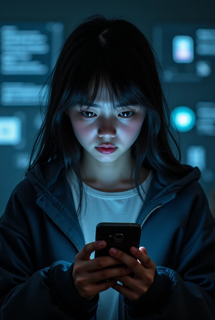 Images for an exhibition of social networks and their negative and positive aspects. It could be a teenager with a phone who sees a scammer&#39;s conversation 
