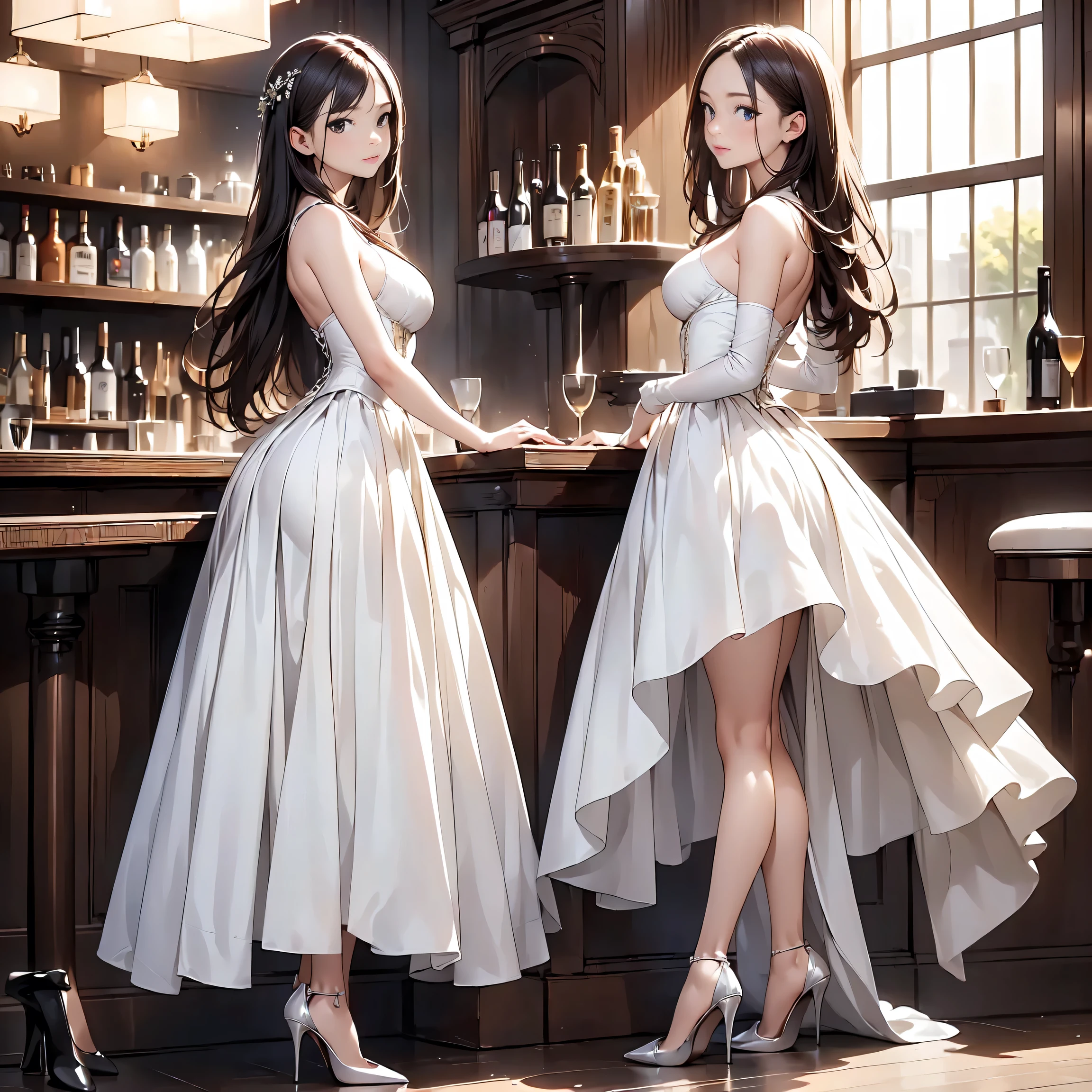 (masterpiece:1.3),(best quality, highest quality),((Full Body Shot,Including face)),1girl,Standing position,4K,masterpiece,((Focus on the face)),((Symmetrical facial features)),Beautiful woman,slender,Beautiful feet,((High heels)),Detailed depiction of the face,bar counter,uniform,Realistic,profile,Corset standing diagonally,Long skirt,White Wedding Dresses