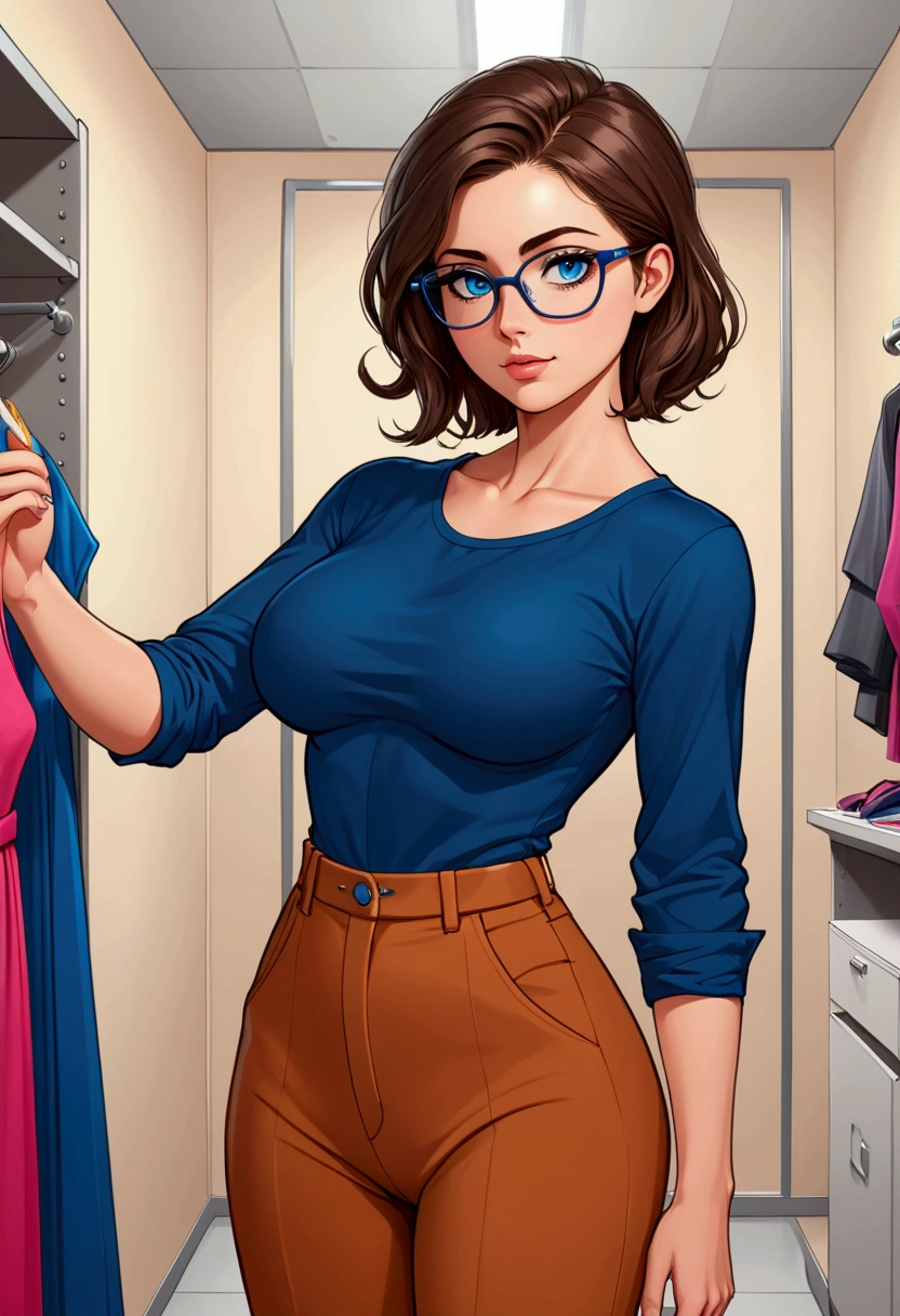 20 years old woman, Short brown hair, Méditerranéenne aux blue eye, Generous and heavy breasts, slender waist, definition of l&#39;estomac, fesses rebondies et pulpeuses, naturally curved, muscular thighs, aguicheuse, fitting room , blue eye, lunettes, wide pants and blouse, Selfie, side view, 