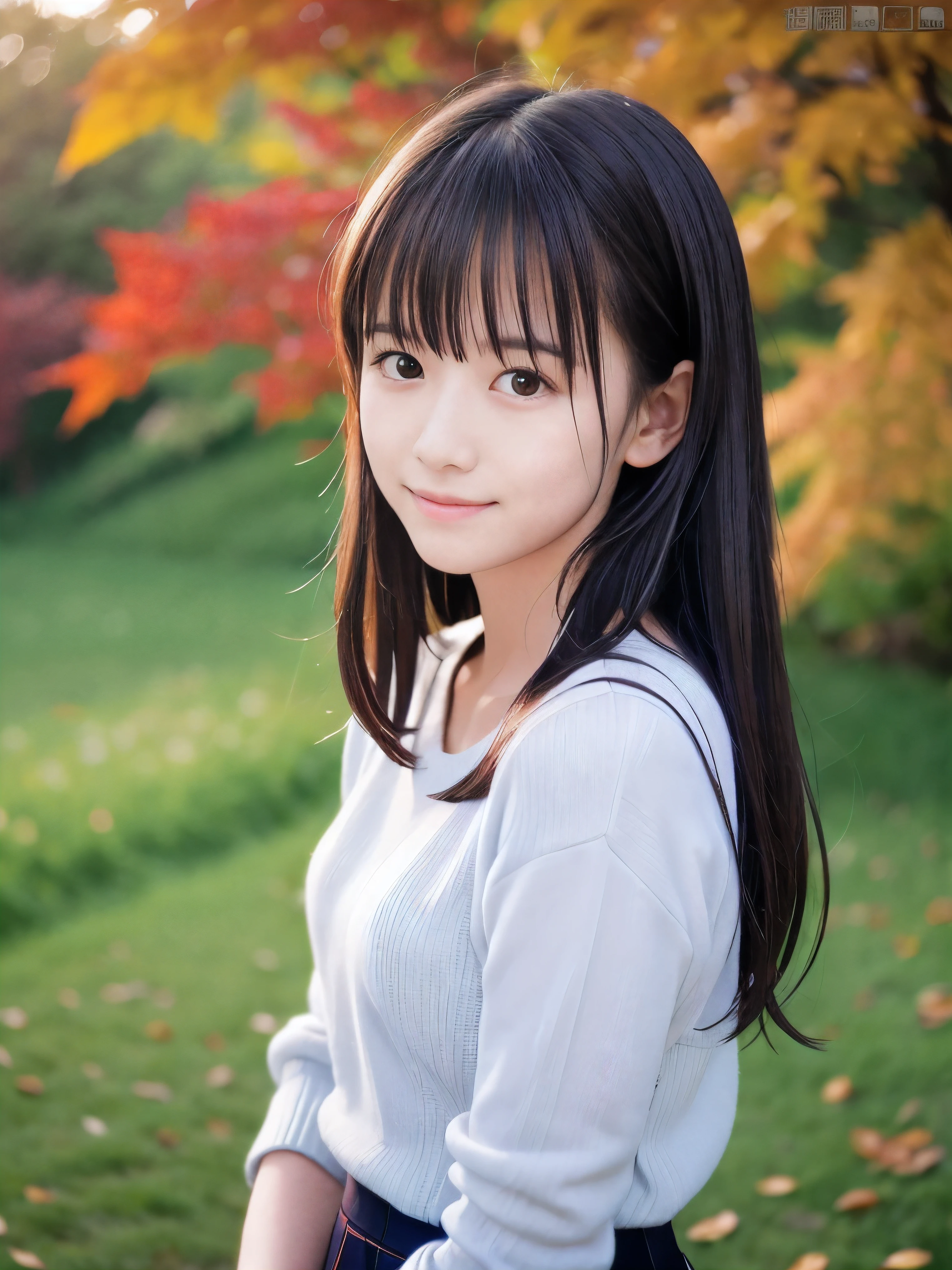 (Close up face shot of one slender small breasts half up brown long hair with bangs girl in a long sleeves shirt and sweater and skirt:1.5)、(One girl is looking back with sad smile on the dart road near the river and big waterfall in Japan:1.5)、(Beautiful sunset time with autumn red leaves and mountain:1.5)、(Natural light:1.5)、(8k ultra detailed master piece:1.5)、(perfect anatomy:1.5)、(Photorealistic stick:1.5)、(Raw photo:1.3)、(highest quality:1.5)、(High resolution:1.3)、(Delicate and beautiful perfect face:1.3)、(Delicate and beautiful eye air skin:1.3)、(Real Human Skin:1.3)、((thin legs))