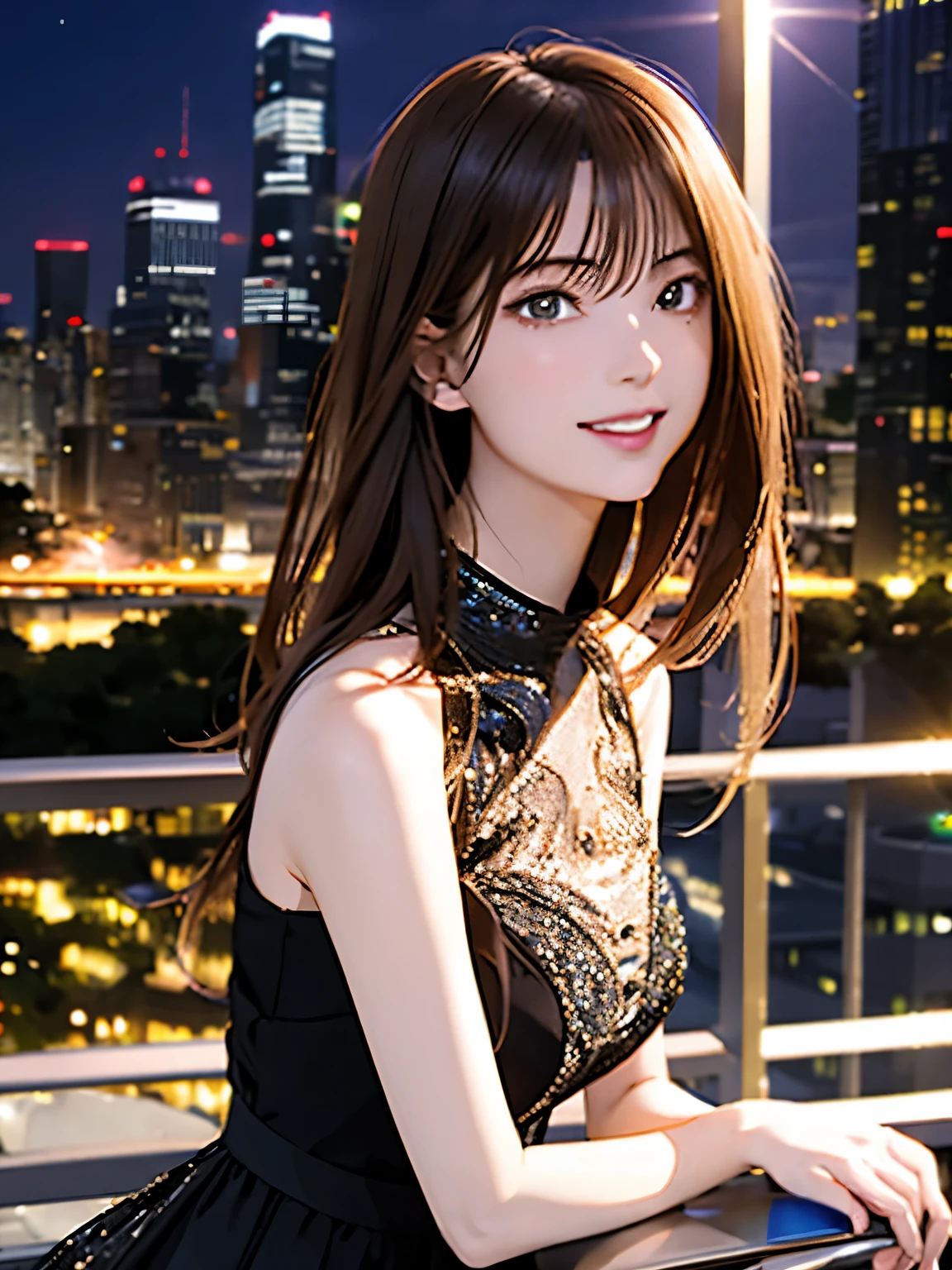 High resolution, 8k, Highest quality, detailed, Semi-realistic anime, Anime 3D Style, Smooth anime CG, One Girl, A 20-year-old Japanese woman, slim, Modeled, Shiny brown hair, detailedな顔, Beautiful and detailed, Glowing Skin, Hard Focus、Film Grain, Soft lighting, Looking at the audience, Laughter, (Elegant Dresses、Sophisticated style that matches the urban atmosphere), Night view of a city lined with skyscrapers