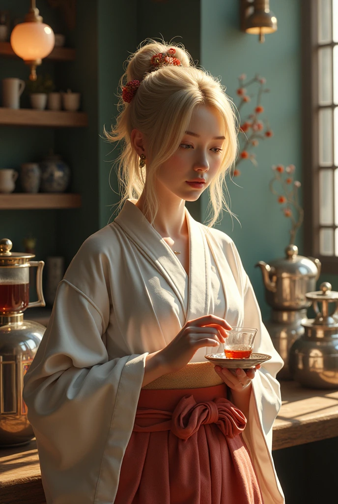 Japanese tea drinker,Blonde,Tea Ceremony、Restaurant counters,steampunk、1800s,Device、Tsubaki