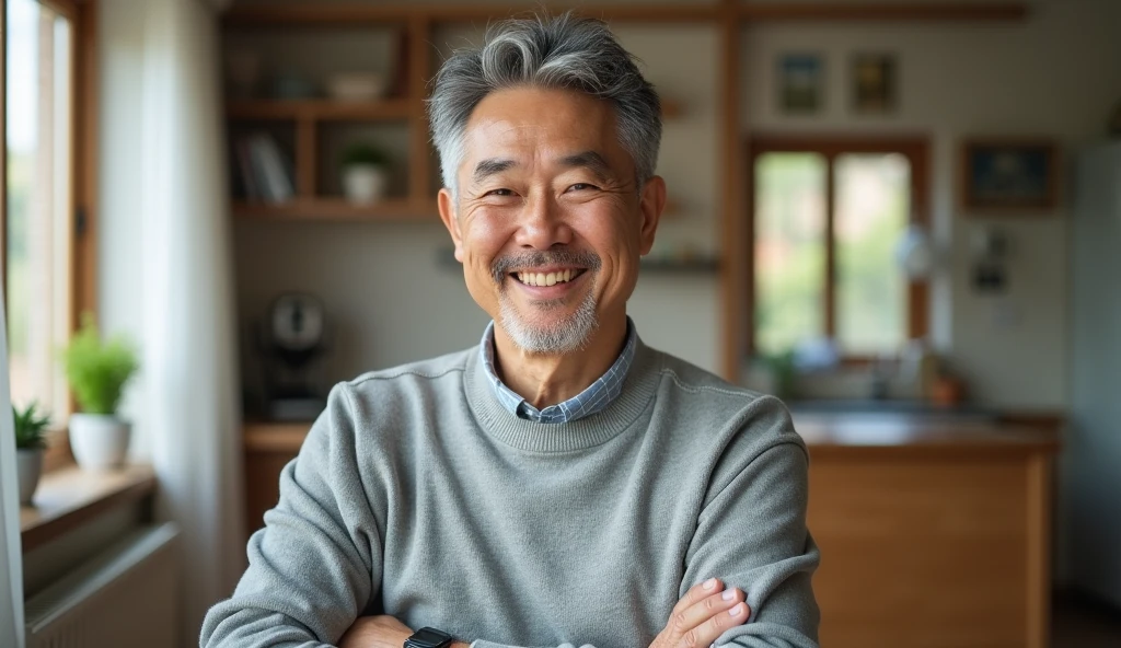 A smiling Korean man of age around 55 years wearing grey sweater, his full body is visible in frame, wide view