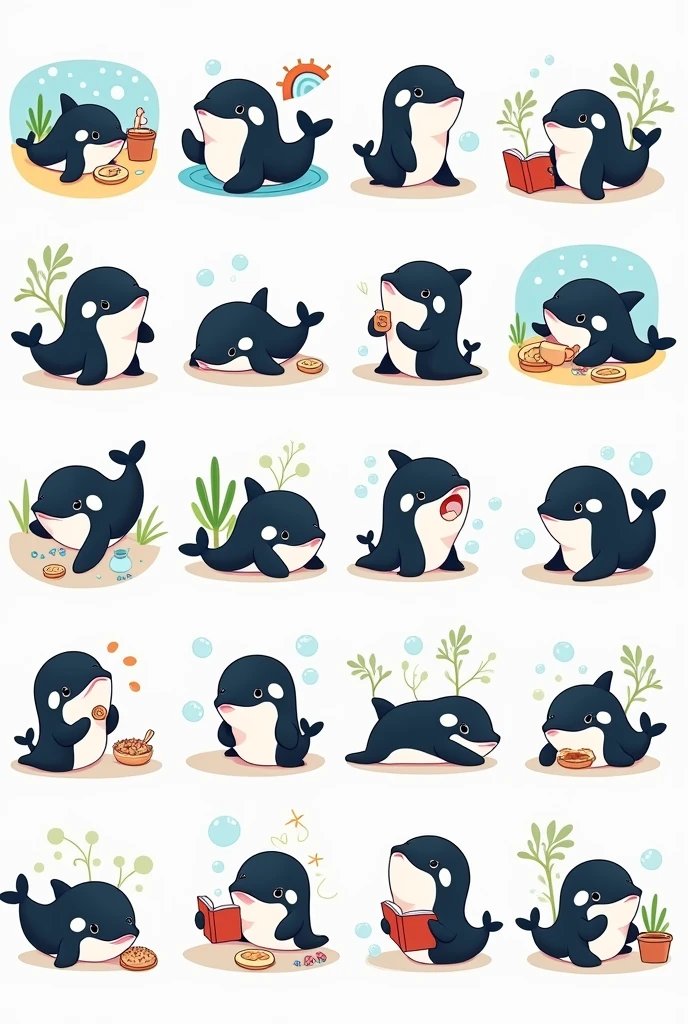 chibi orca whale for sticker organize 24 pictures about manners Orca, such as Orca is eating a fish, Orca reading a book, Orca is cooking, Orca says hello, Orca says good night, Orca says love, Orca is sleeping, Orca playing telephone, Orca is anger, Orca is happy, Orca is washing, Orca is funny, Orca is playing bubble with other Orca, Orca is writing a book, Orca is drawing, Orca is slaping other Orca, Orca is crying, Orca is smiling, Orca is lauging, Orca is singing with microphoe, Orca is dibing, Orca is resing at beach, Orca is tried, Orca plaing with friends