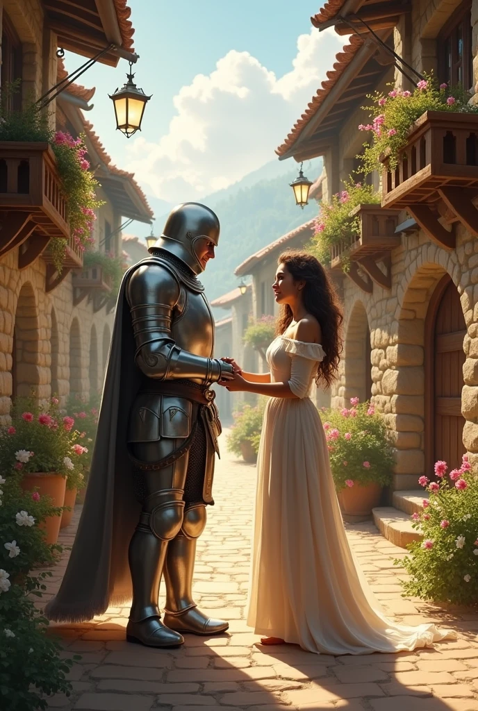 A white knight welcomed
by a innpeekers adult daughter in a village into her house