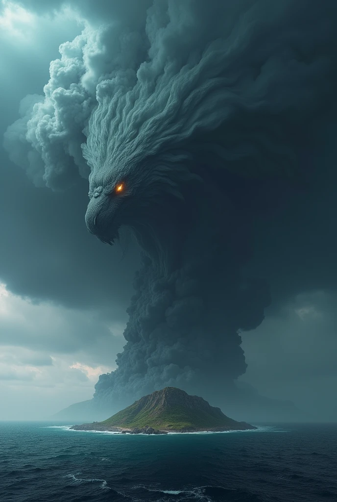 Je veux créer une divinité de la tempête. Elle sera représentée seulement par un immense nuage noir devant une  île dans l'océan. Dans ce nuage noir il y aura des yeux fait de foudre, une bouche fait de foudre, un long nez fait de foudre et de longue défense fait de foudre.