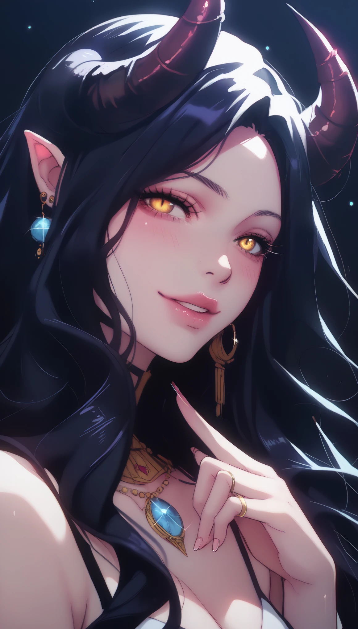 A demonic and seductive looking anime character, with black wings, long dark flowing hair, bright golden eyes, and curved horns like those of a ram. has pale skin, a mischievous smile and a playful and mysterious expression, holding a finger to his lips as if silencing someone. She wears a white dress with intricate detailing and gold accents, along with a blue gem on his chest. The scene is dramatically lit., with soft shadows that enhance her sharp features, as the background fades into darkness, adding an enigmatic and magical touch. The style is a mix of anime fantasy with intricate details, Capturing an intense portrait, close and dynamic