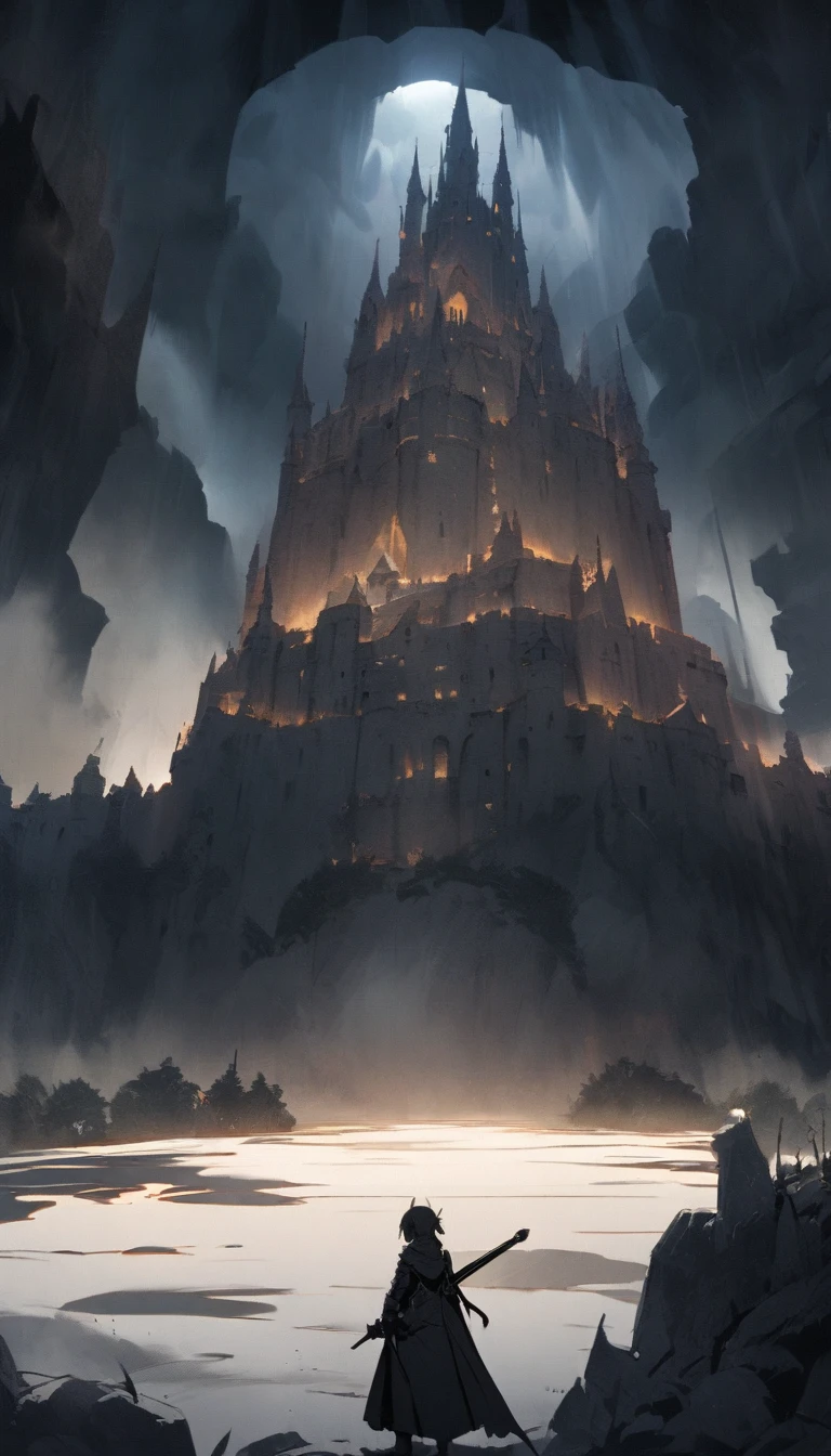 A warrior who can withstand pressure、The shadow of my master staring coldly at me。The background depicts a castle and rooms with a heavy atmosphere.。