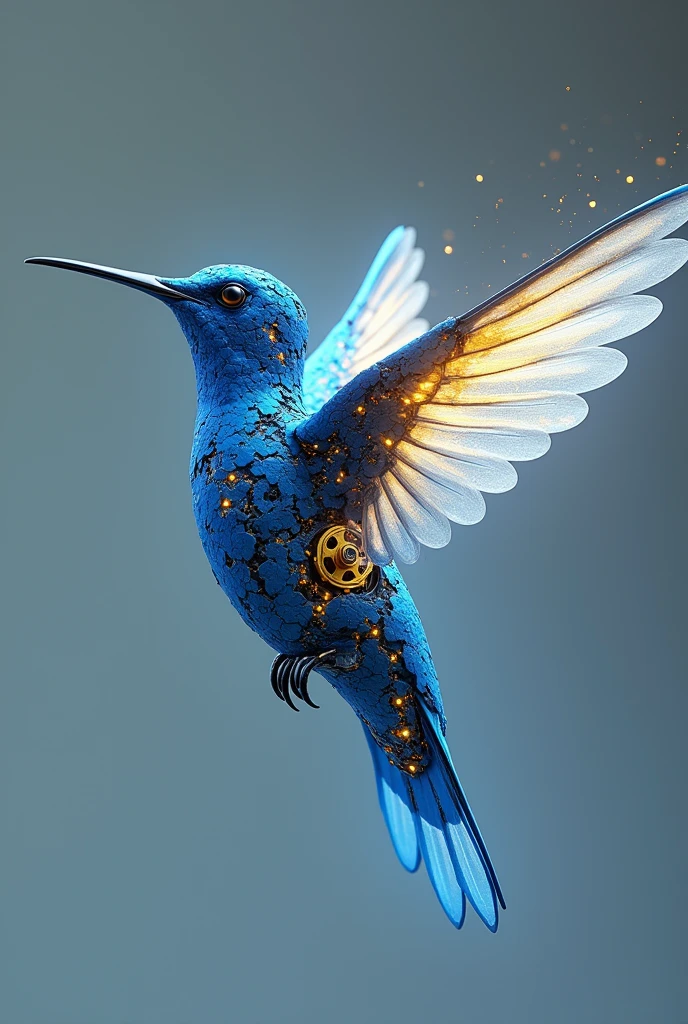 (photorealism:1.2), Make an image of a flying hummingbird created with blue and yellow mechatronic type mechanical pieces and generating LED type lights around its body
