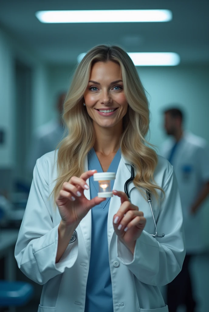 a beautiful doctor woman, 55 old years, holding a medicine capsule with his fingers, detailed face, long blond hair, smiling, cinematographic lighting, ultra detailed, high quality, masterpiece,