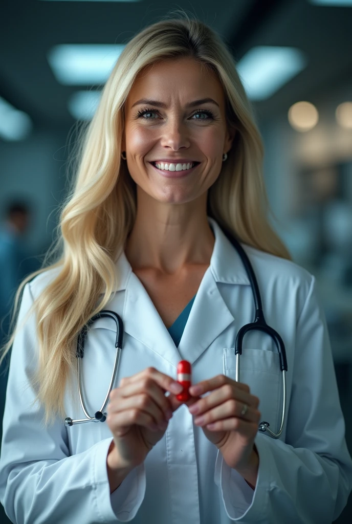 a beautiful doctor woman, 55 old years, holding a medicine capsule with his fingers, detailed face, long blond hair, smiling, cinematographic lighting, ultra detailed, high quality, masterpiece,