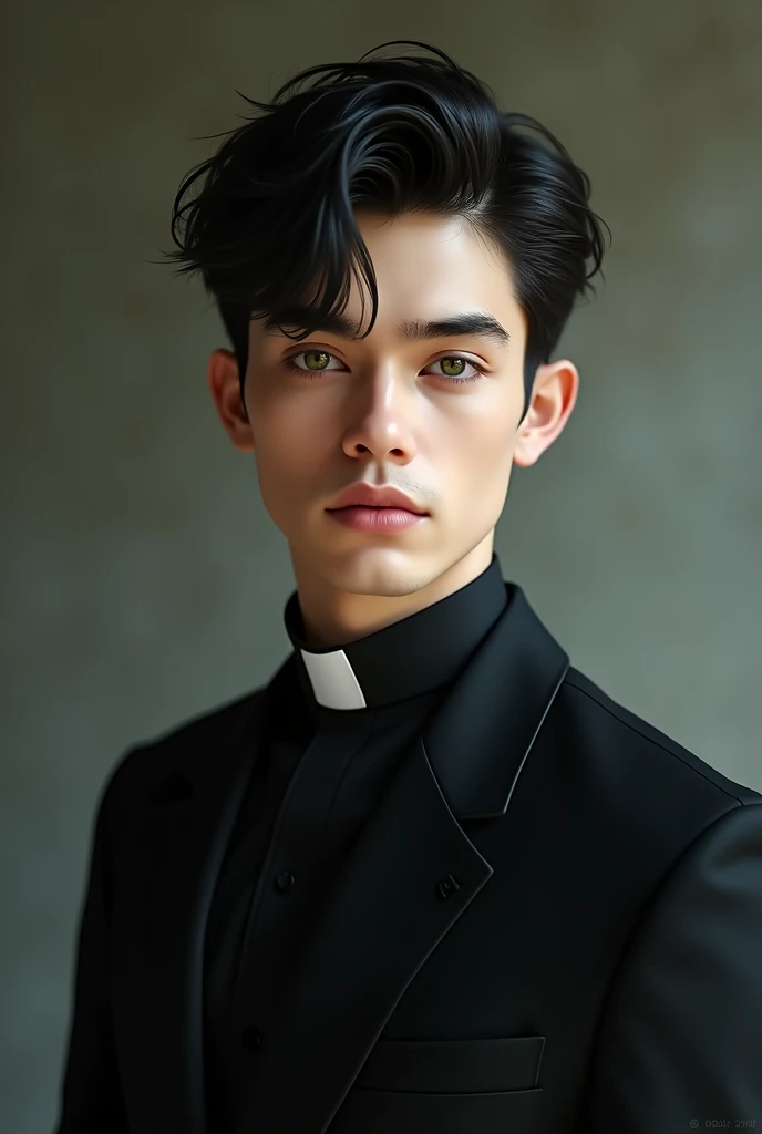 A young man (about twenty-four years old) hairless, White skin, fine features, green eyes with brown highlights and black hair dressed in a black suit with a realistic priest collar