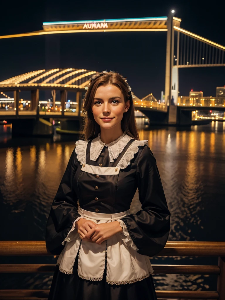 A Dutch woman wearing a traditional Dutch dress, posing in front of the Erasmus bridge in Rotterdam in the night with the city lights in the background, panorama composition, masterpiece, realistic, 4k, photography quality
