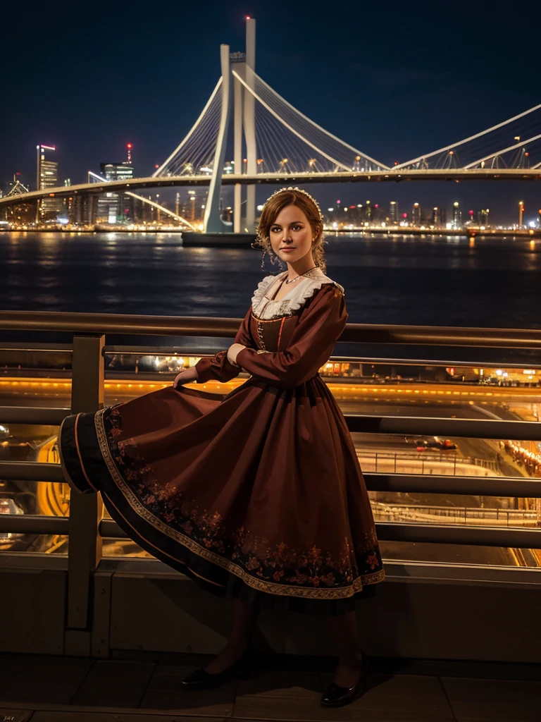 A Dutch woman wearing a traditional Dutch dress, posing in front of the Erasmus bridge in Rotterdam in the night with the city lights in the background, panorama composition, masterpiece, realistic, 4k, photography quality