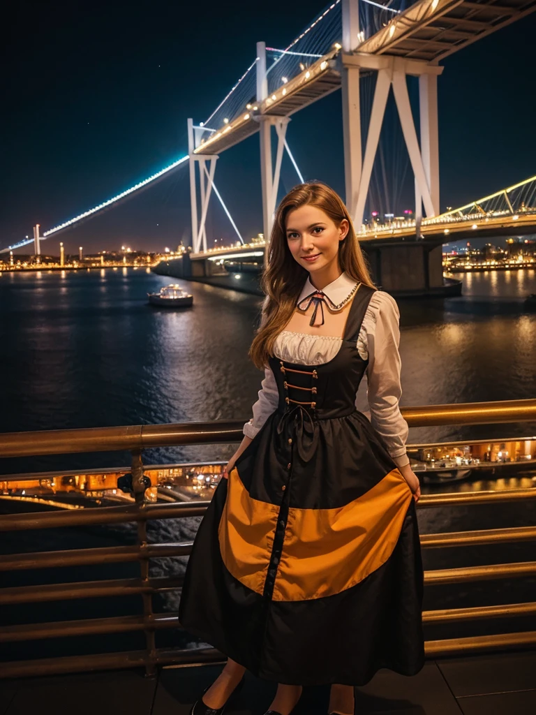 A Dutch woman wearing a traditional Dutch dress, posing in front of the Erasmus bridge in Rotterdam in the night with the city lights in the background, panorama composition, masterpiece, realistic, 4k, photography quality