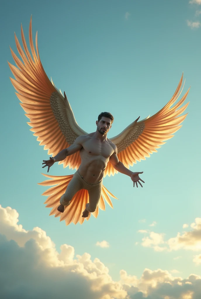 Caucasian male human with bird body flying through the sky 