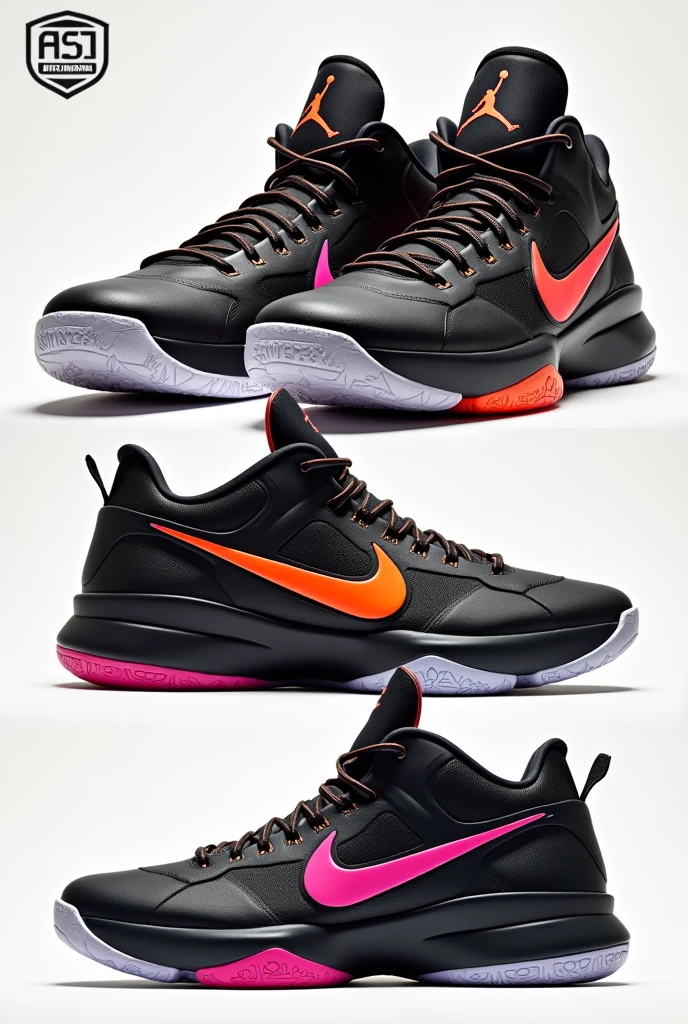 There is one point color and the other color is black and white, basketball shoes design, And draw the same design according to the front, side, and back.