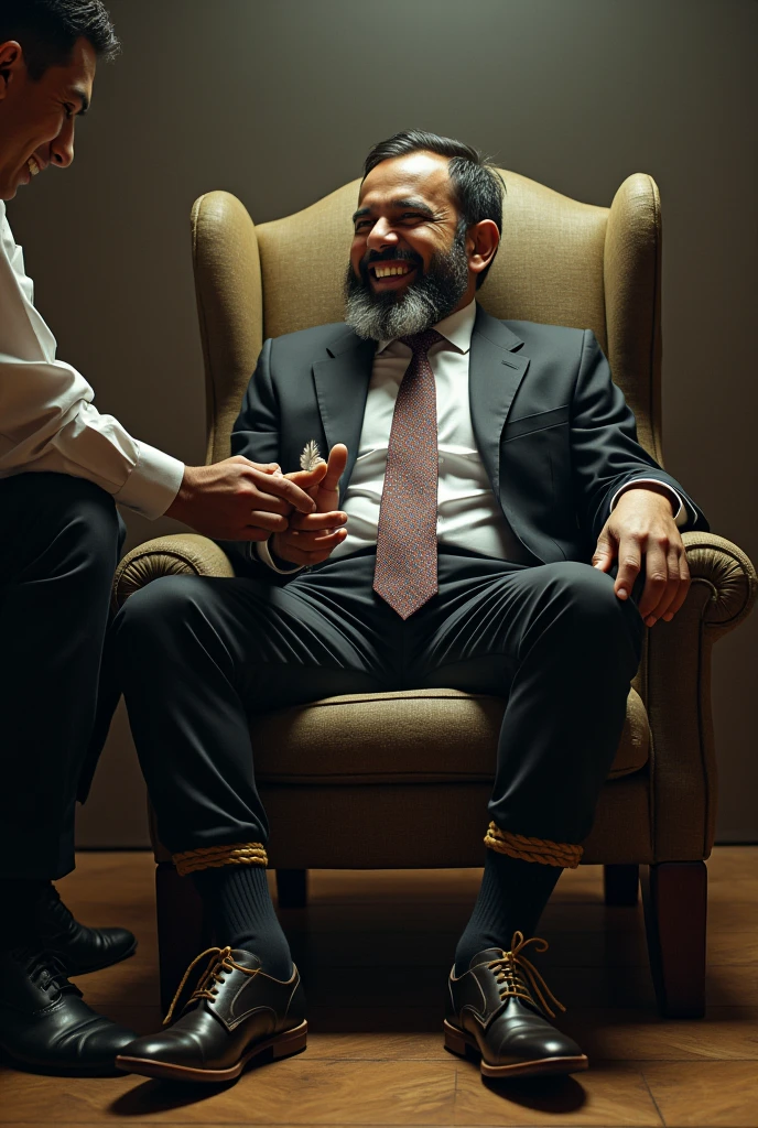 There is a handsome young Malay businessman from Malaysia named Haqiem hands,legs with white smelly socks tied with ropes to the chair and eyes covered with cloth A man opened Haqiem&#21;s shoes and tickled Haqiem&#21;s soles with chicken feathers Haqiem laughed uncontrollably because his soles were being tickled