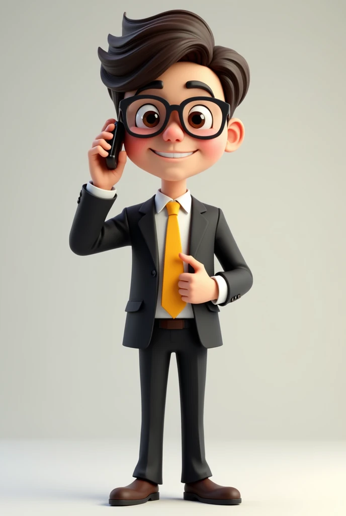 A full body 3D cartoon character. He has a friendly appearance, charismatic and is smiling. The character is a young man with fair skin, dark brown straight hair, bushy eyebrows, big brown eyes and wears glasses. His behavior is cheerful.
The character is dressed formally, wearing a black suit with a yellow tie.
With one hand she is holding a cell phone and with the other she is pointing at the cell phone. The background of the image is neutral, which further highlights the character.