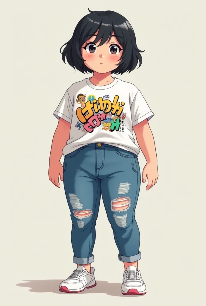 Short hair black hair chubby Girl with ripped jeans and animate y shirt with White Shoes 