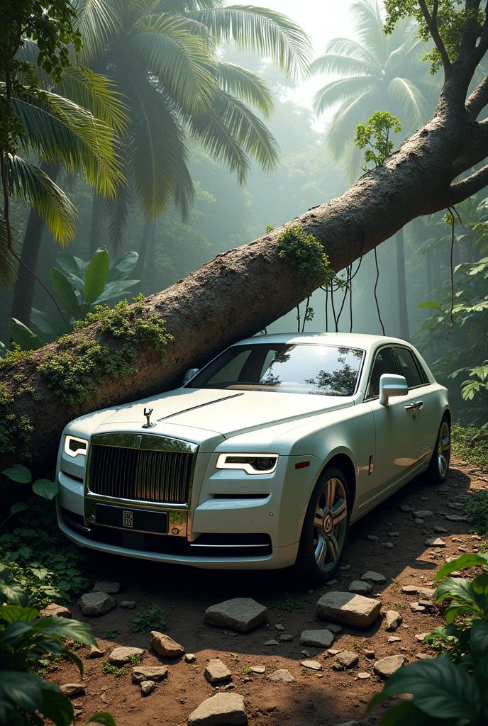 The tree falls on white rolls royal in jungle and was damaged 