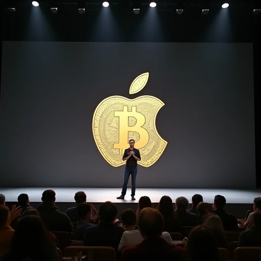 At Apple&#39;s presentation、CEO（Virtual Person）Depicts the figure of someone standing on stage。He is a huge cryptocurrency coin（for example、Bitcoin and Dogecoin）Although it has an icon of、The icon is overlaid on the Apple logo.、It looks like a new Apple product launch.。In the audience、Iconic characters from Silicon Valley and the cryptocurrency industry are excited、They are clapping with a surprised look on their faces.。

Background、Apple&#39;s typical stylish and simple presentation stage、The overall atmosphere is humorous, mixing the real world with the virtual currency world.。