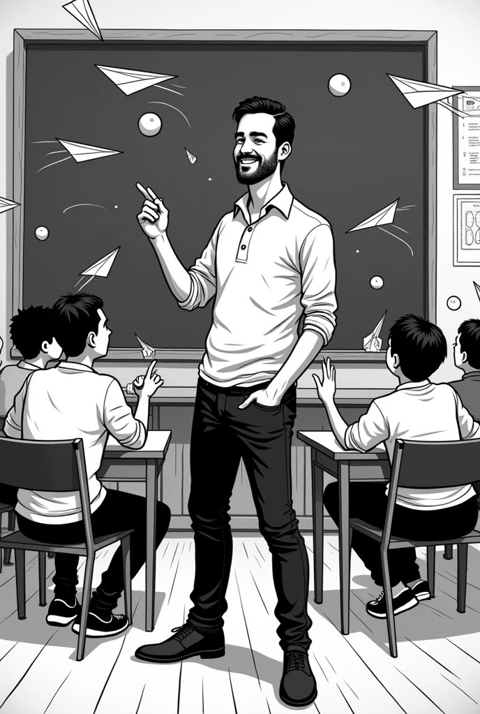 Logo in black and white design with the name “ESCOLINHA DEMAIS” with a 30-year-old male teacher in front and a chalkboard, in which funny adult students are throwing paper balls and paper airplanes
