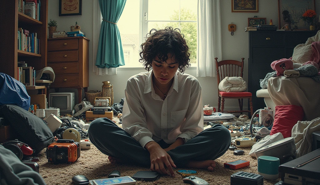 A person trapped in a cycle of consumerism, surrounded by piles of gadgets and fashion items, looking contemplative and overwhelmed. The background should reflect a cluttered, chaotic environment, contrasting with a calm and organized space in the distance."