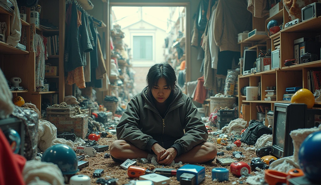 A person trapped in a cycle of consumerism, surrounded by piles of gadgets and fashion items, looking contemplative and overwhelmed. The background should reflect a cluttered, chaotic environment, contrasting with a calm and organized space in the distance."