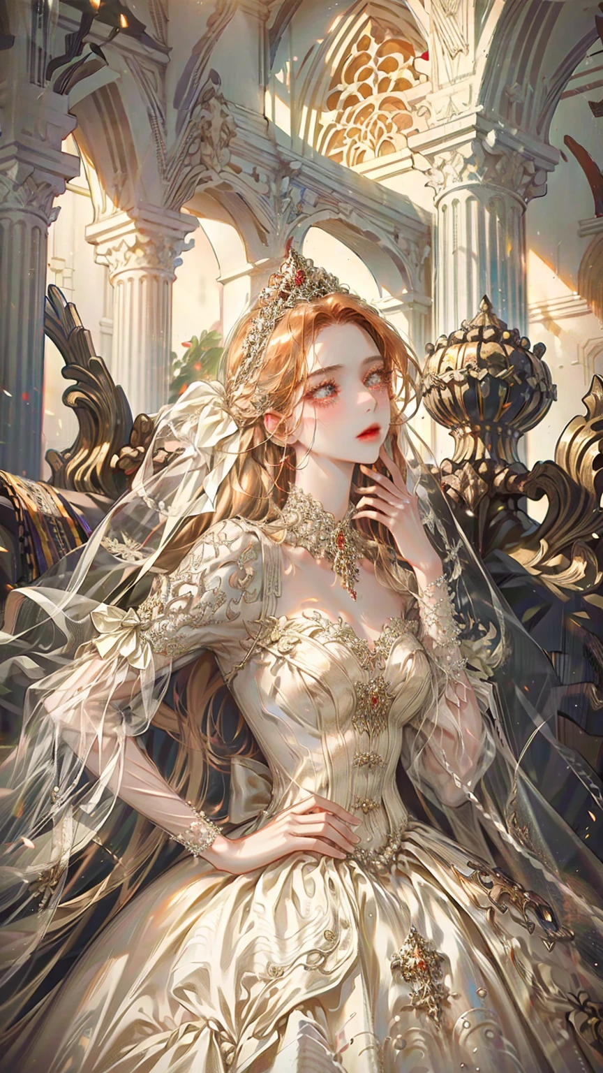 ((best quality)), ((masterpiece)), ((Romance Fantasy)), ((illustration)), (detailed), (clear), (Perfect), 1 woman, mature, upstage, expressionless, orange curly hair, tanned skin, Vermilion eyes, abundant eyelashes, Twinkle-free, red lips, big bust, small waist, lush white wedding dress, diamond tiara, Veils, holding a bouquet, Standing in an elegant posture, A sideways glance