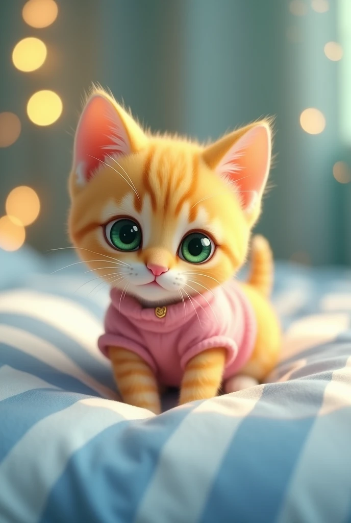 Yellow kitten with green eyes in pink clothes lying on the bed with a blue and white sheet with led lights in the background