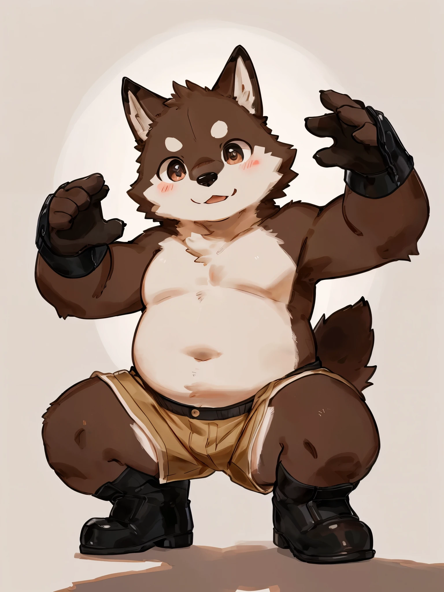 ((best quality, masterpiece, Detailed anatomy, Delicate eyes, Detailed hands, Perfect lighting, Perfect Shadow)), From buta99, By Bei Bei Bei Bei, 1 male, cute,Cub,Wolf, Brown fur, Chubby body, Dark brown eyes, Chubby body, Young body, Shirtless, Short shorts, Black boots, White background