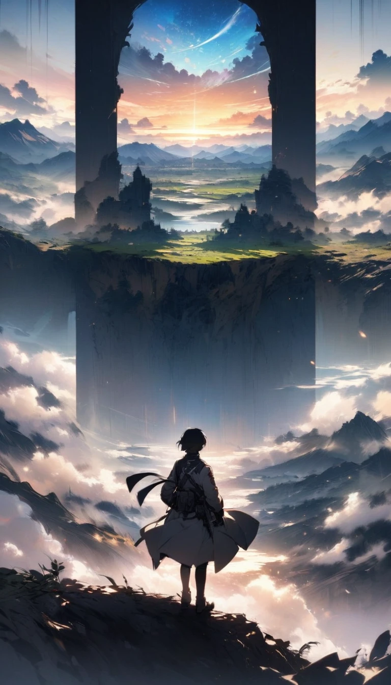 The silhouette of a military commander overlooking a vast territory。The background depicts a magnificent landscape and a face looking to the future.。