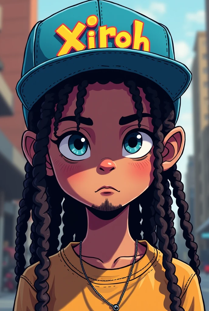 Pixel art of a white-skinned boy with long dreadlocks and a goatee wearing a cap where the text XiroH is written in graffiti style with street wear clothing