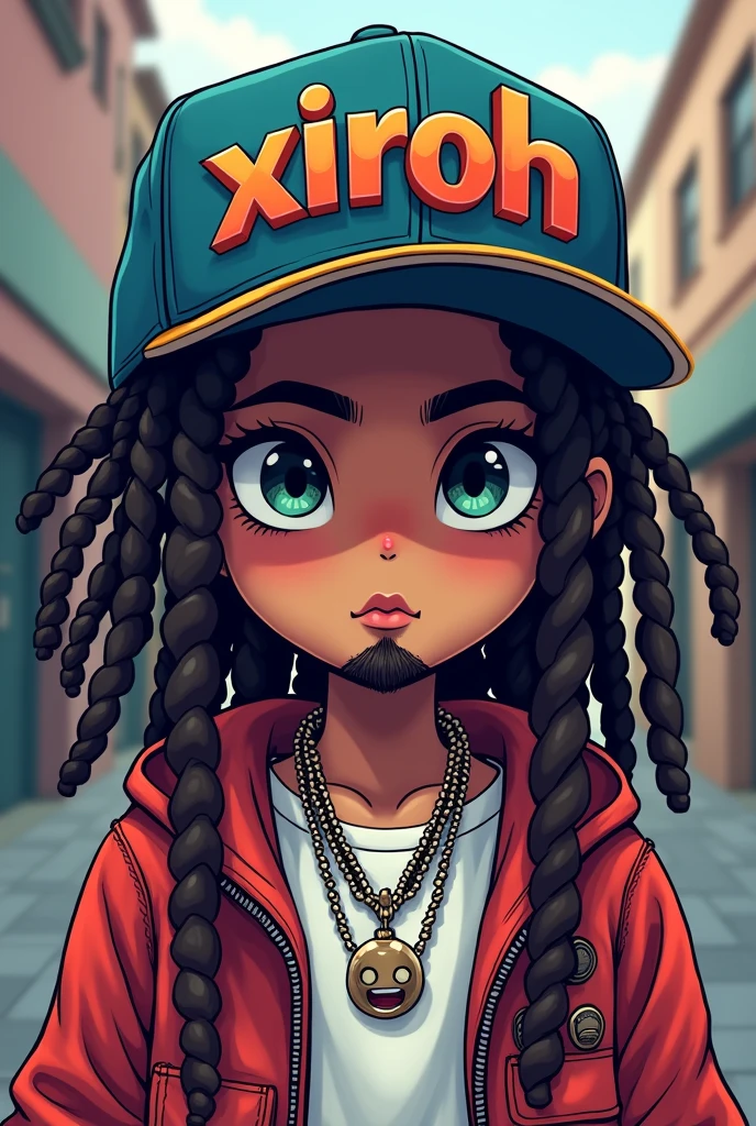 Pixel art of a white-skinned boy with long dreadlocks and a goatee wearing a cap where the text XiroH is written in graffiti style with street wear clothing
