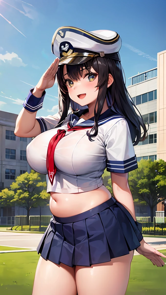 high resolution、Ultra HD、Best Quality、Top quality、Extremely detailed image quality、Realistic woman、A big smile、open mouth, (1girl:1.8)、(looking straight:1.8), Japanese、Plump body、belly button、Black Hair、High gloss skin、Facing forward、The whole body is reflected、(school building, school yard:1.8), standing、huge breasts、Valley、(greaming skin:1.4)、BREAK、(army, navy, hat, uniform:1.6), BREAK (on_hand_salute:1.5),