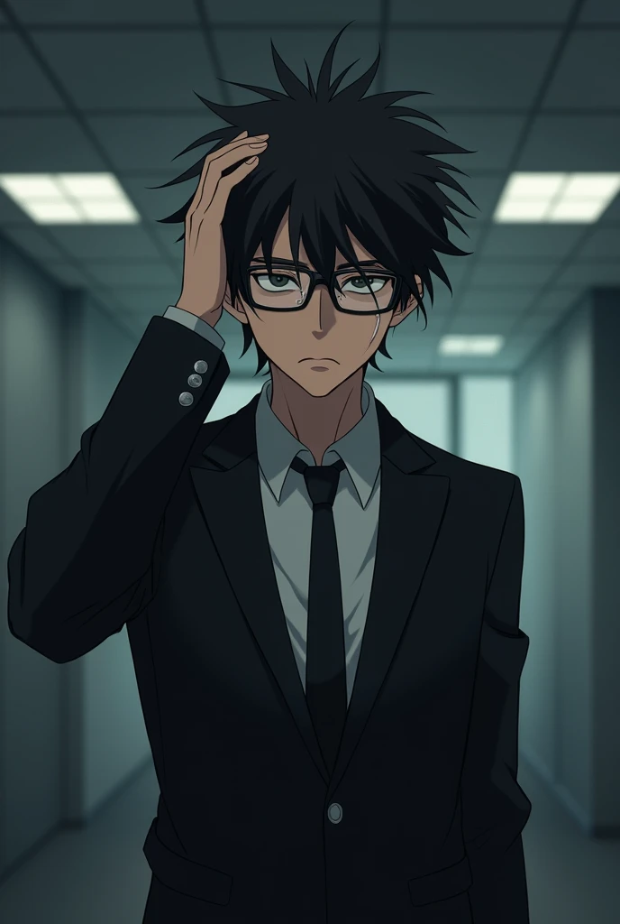 Man, black suit, glasses, background is company, businessman, sad face, skinny, anime style, Japanese, looking straight ahead, big hair hanging down, holding head, worried