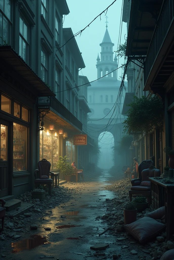 Abandoned shops, scattered belongings, horror horror.