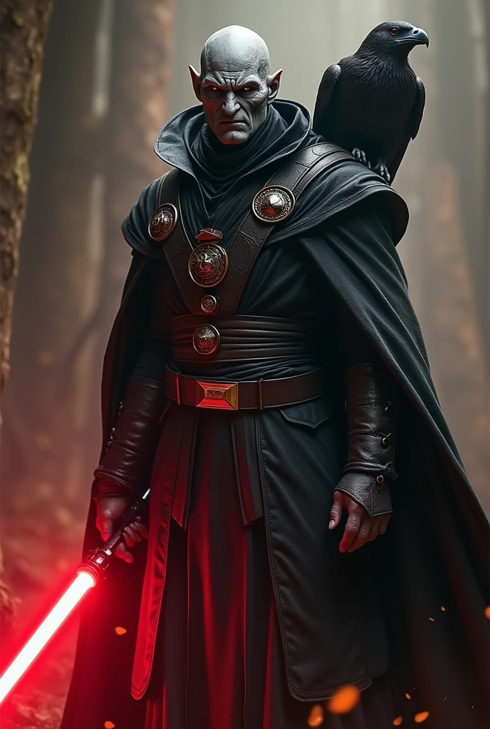 The country uganda as a Sith Lord from Star Wars, angular grey face, bird on Cape, red, black and gold, red lightsaber, agressive, frightening, ultra-realistic
