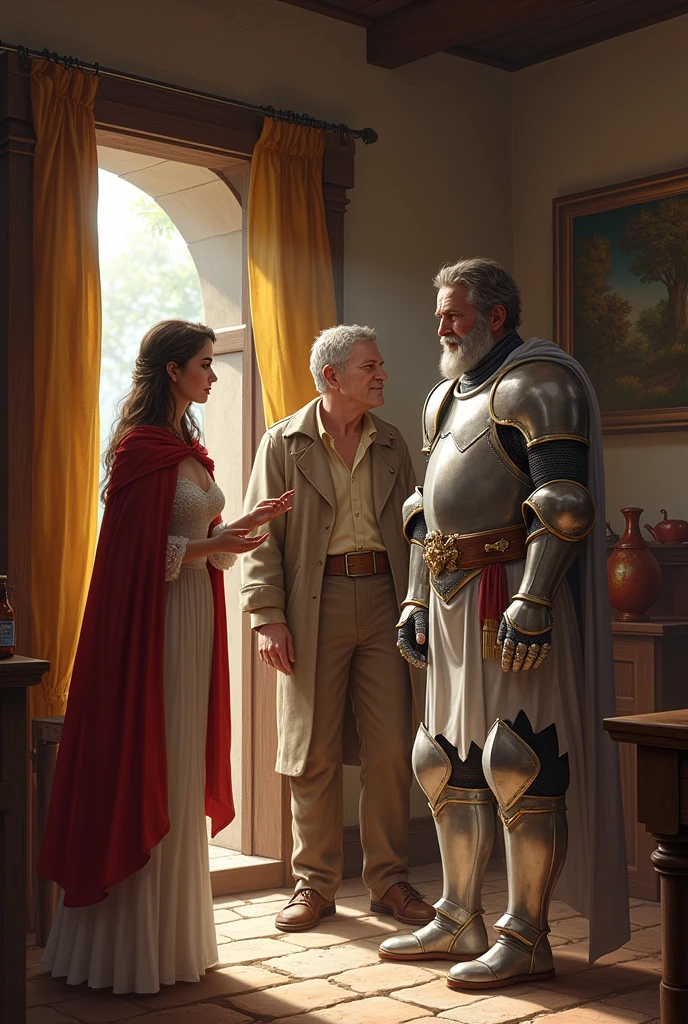 A white knight welcomed
by a innpeekers adult daughter in a village into her house with her father beside