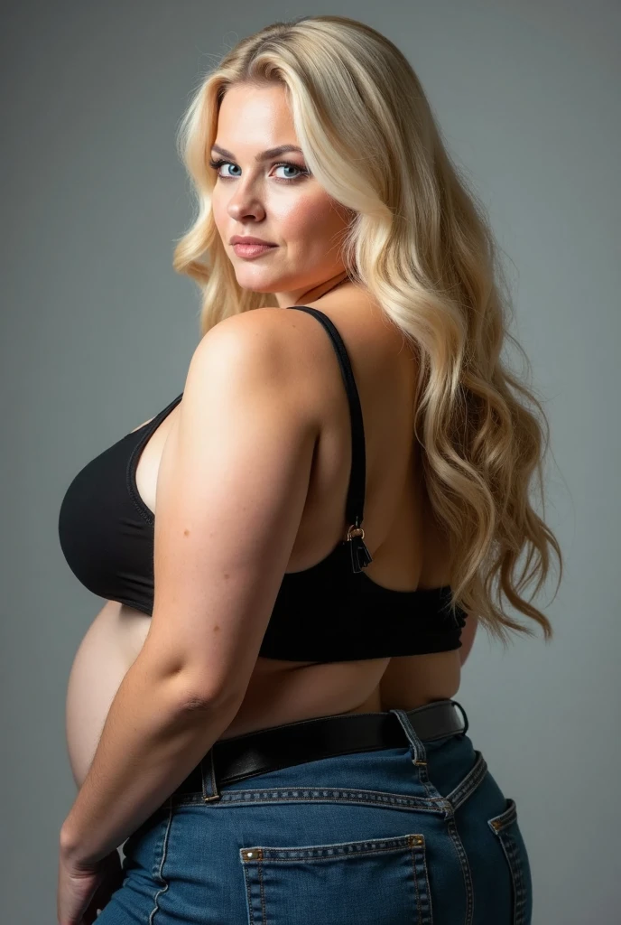 A 2 obese fat pale blonde blue eyed woman 40 years wearing a pencil dress, proffessional light, photostudio with led red color, photo from the back