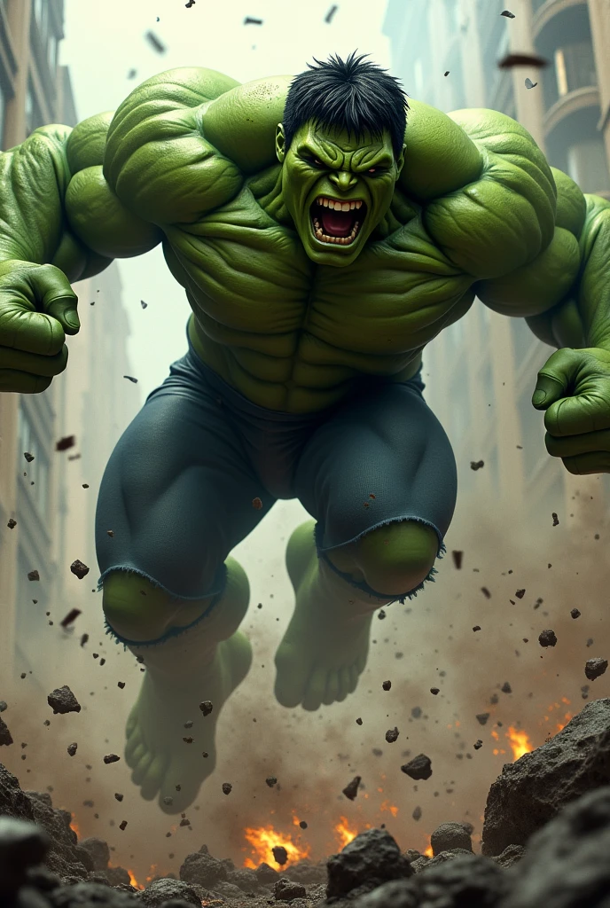 Hulk’s Moment of Fury
"Depict an intense close-up of Hulk as he roars in fury, his green skin rippling with power. He is in the midst of a massive leap, aiming to bring both fists down on Darkstrike, who is seen below, bracing for impact. The background is filled with the destruction of the city, with smoke and debris filling the air. Hulk's expression is one of pure rage, highlighting his determination to defeat the powerful villain."