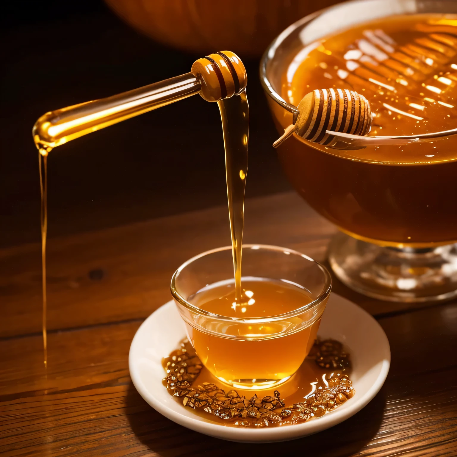 A small glass is filled with honey, and the honey stirrer is stained with honey flowing downwards. There is a small puddle of thick honey on the table