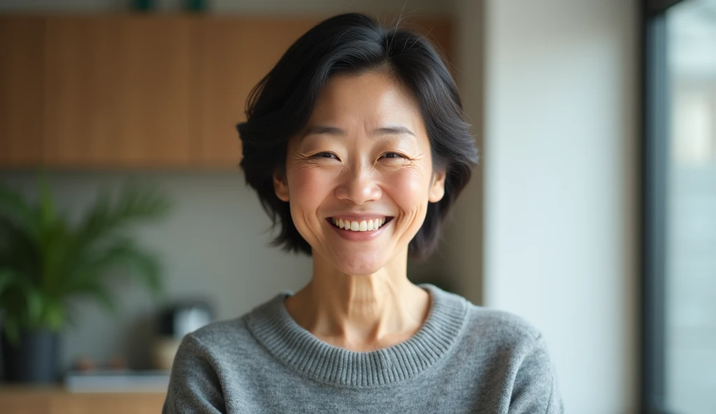A smiling Korean woman of age around 55 years wearing grey sweater, his full body is visible in frame, wide view
