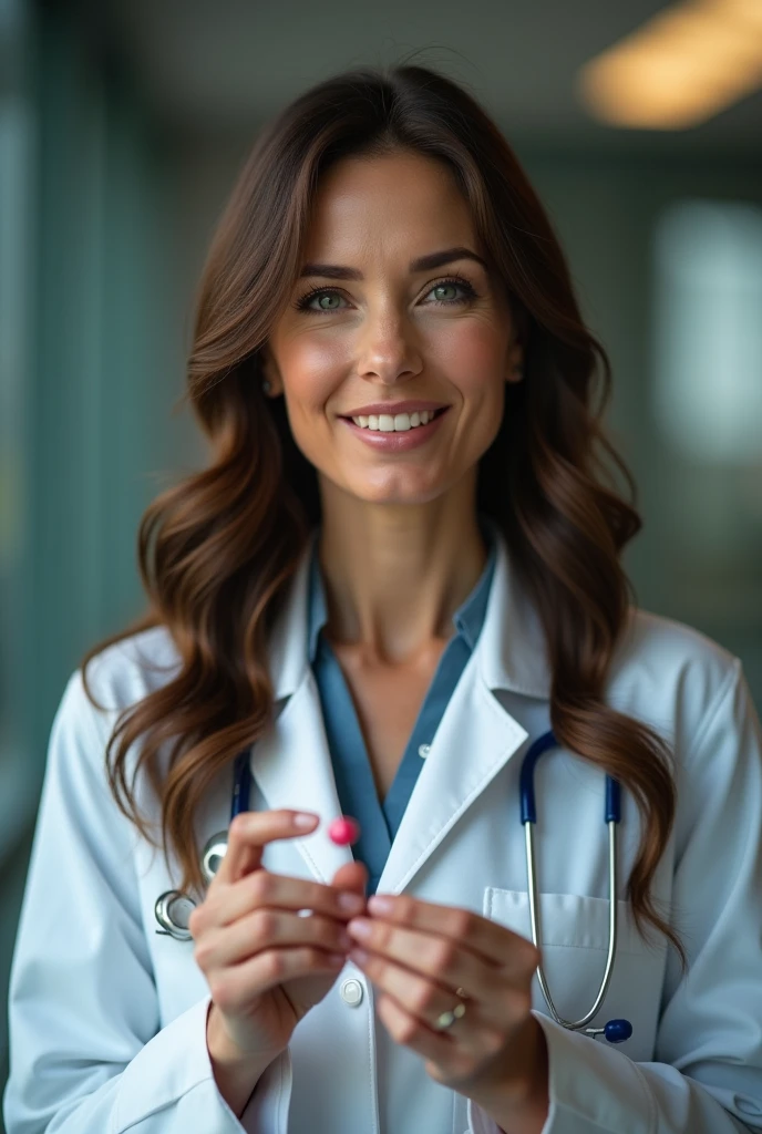 a beautiful doctor woman, 55 old years, holding a medicine capsule with his fingers, detailed face, long brunette hair, smiling, cinematographic lighting, ultra detailed, high quality, masterpiece,