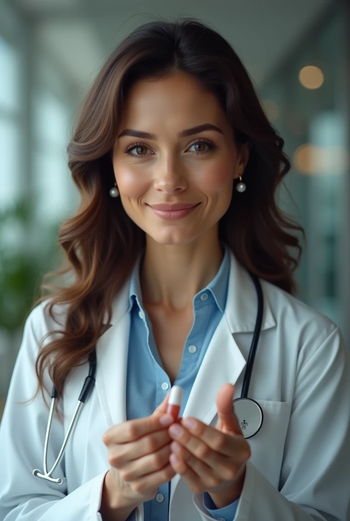 a beautiful doctor woman, 55 old years, holding a medicine capsule with his fingers, detailed face, long brunette hair, smiling, cinematographic lighting, ultra detailed, high quality, masterpiece,