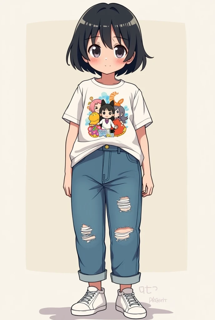 Short hair black hair chubby Girl with ripped jeans and animate y shirt with White Shoes